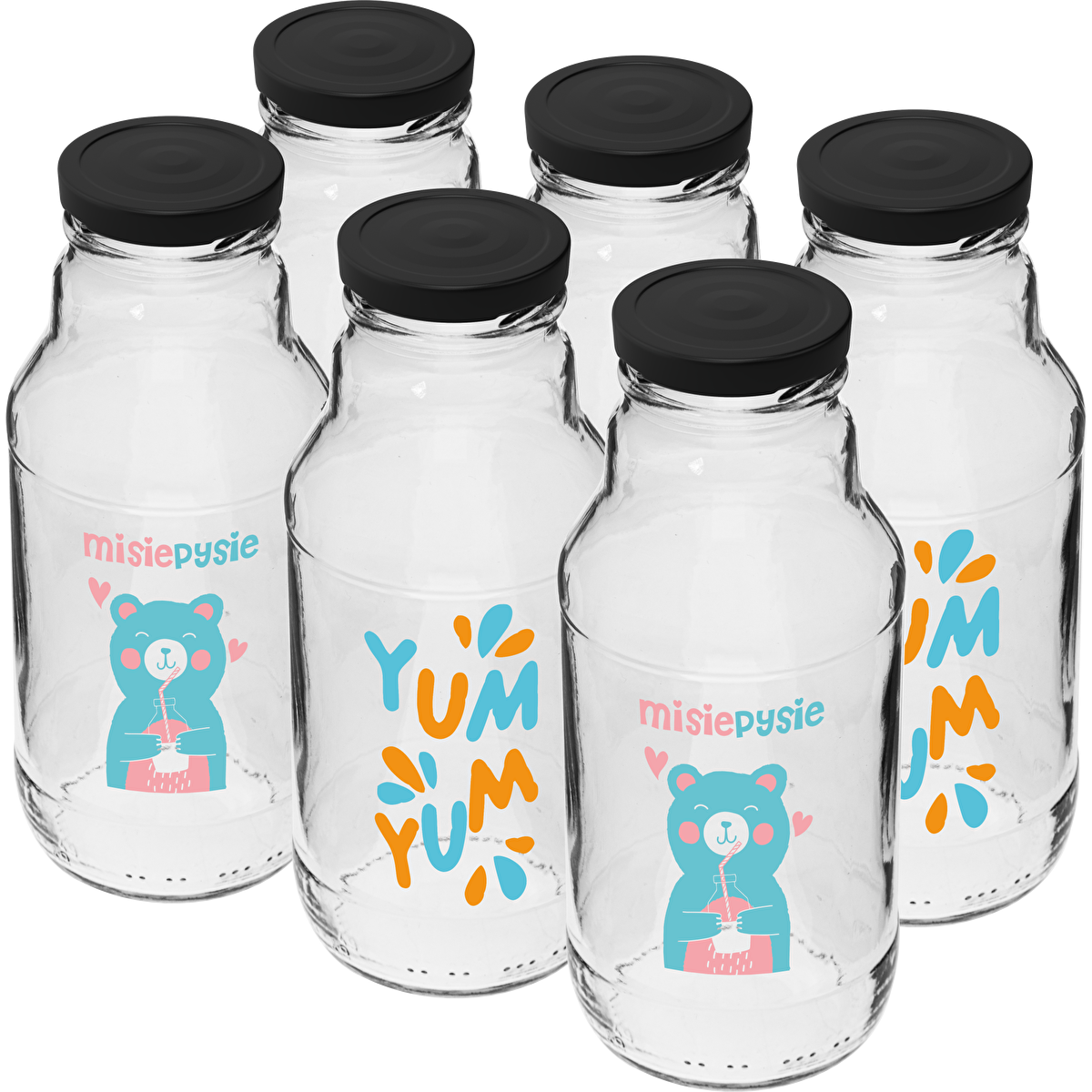 Twist-off-Flasche 330 ml mit Twist-off-Deckel Ø 43 mm und farbigem Aufdruck – 6 Stück