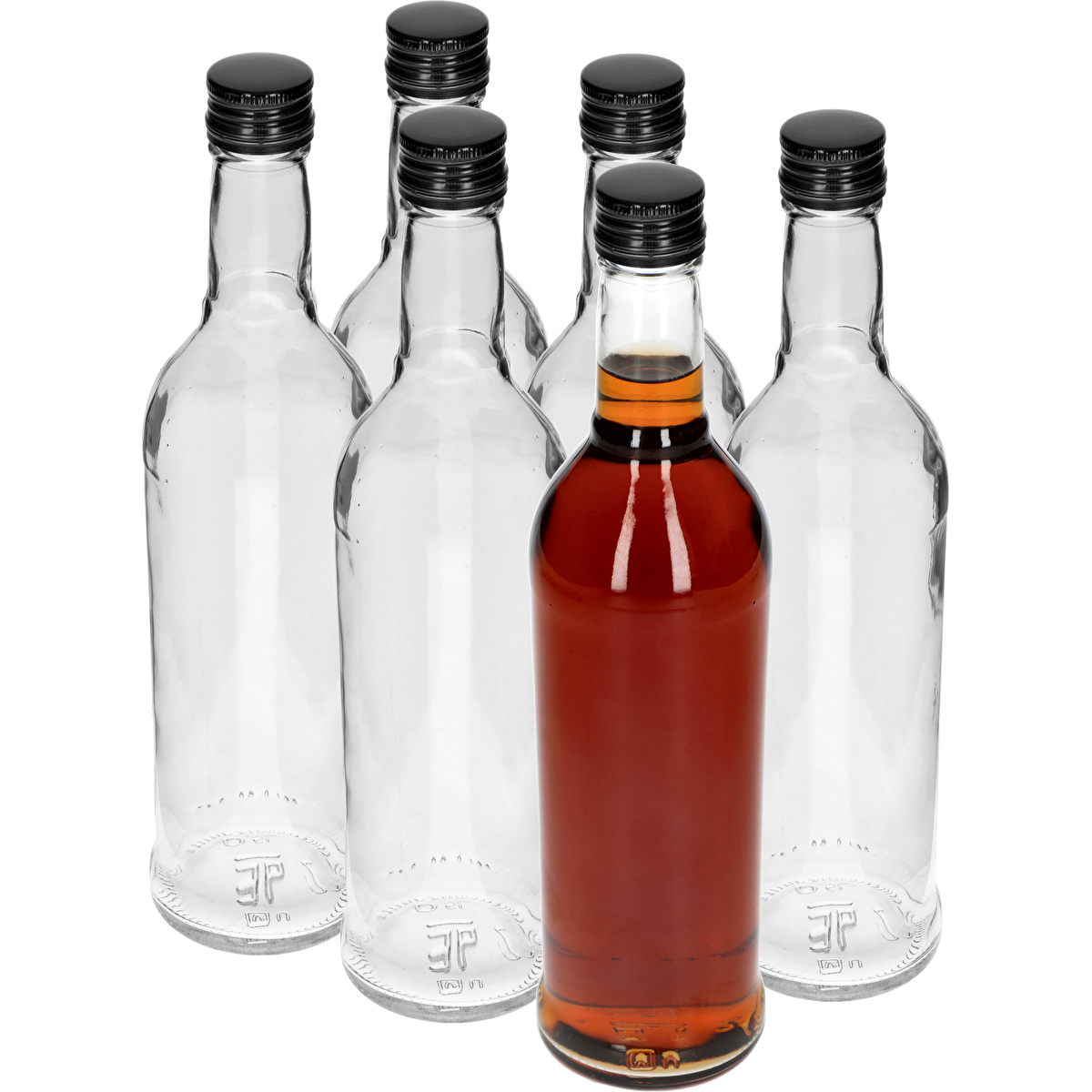 6er-Set: Schlanke 500-ml-Glasflaschen mit schwarzem Schraubverschluss – für Wodka